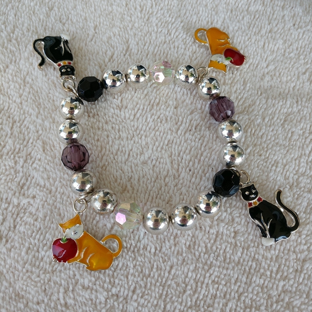 🆕🐱🐾Cat Charm Bracelet Black & Orange & Silver Beads